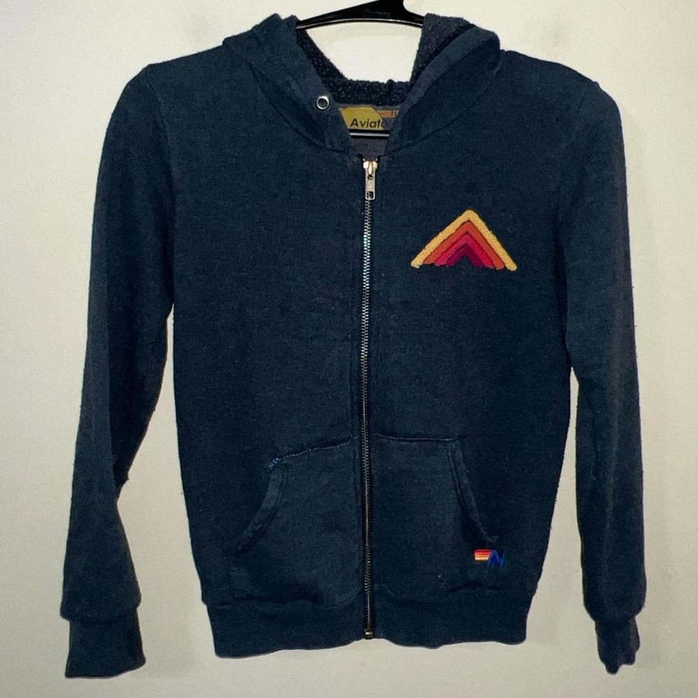 Aviator Nation Navy Zip Hoodie with Rainbow Chevron Patch Gray Youth 10